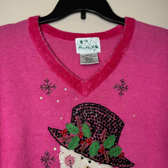 NEW QUACKER FACTORY woman's size medium M Christmas beaded bling snowman sweater - Picture 3 of 12